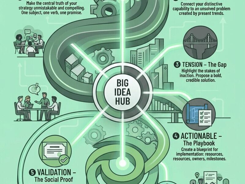 An infographic titled "The Big Idea Strategy," featuring a central hub connected to six sequential checks—Clarity, Relevance, Tension, Actionable, Validation, and Stickiness—against a mint green background with global and LATAM business elements, concluding with www.juanfernandopacheco.com.