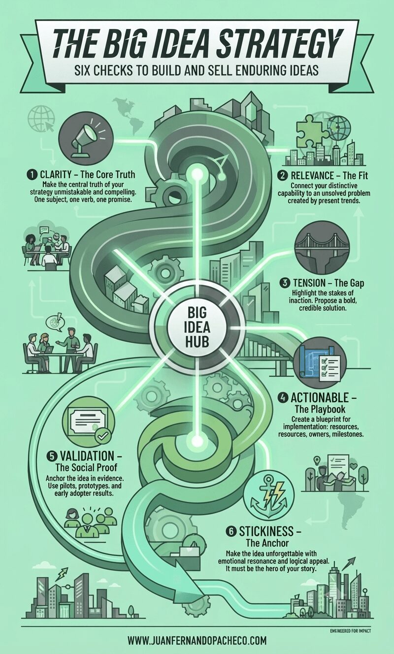 An infographic titled "The Big Idea Strategy," featuring a central hub connected to six sequential checks—Clarity, Relevance, Tension, Actionable, Validation, and Stickiness—against a mint green background with global and LATAM business elements, concluding with www.juanfernandopacheco.com.