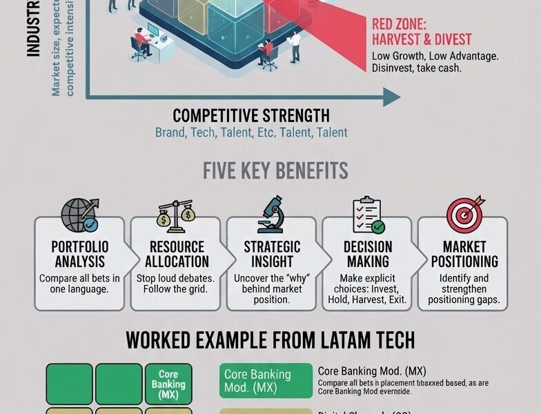 A vertical infographic detailing the GE-McKinsey Nine-Box Matrix for portfolio strategy. It features a 3x3 grid with glowing 3D cubes, a 'Five Key Benefits' process flow, a 'Worked Example from LATAM Tech' with specific project placements, and a 'Habits for Success' checklist, all tied to www.juanfernandopacheco.com.