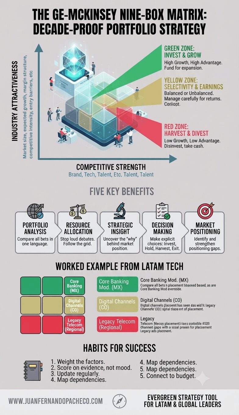 A vertical infographic detailing the GE-McKinsey Nine-Box Matrix for portfolio strategy. It features a 3x3 grid with glowing 3D cubes, a 'Five Key Benefits' process flow, a 'Worked Example from LATAM Tech' with specific project placements, and a 'Habits for Success' checklist, all tied to www.juanfernandopacheco.com.
