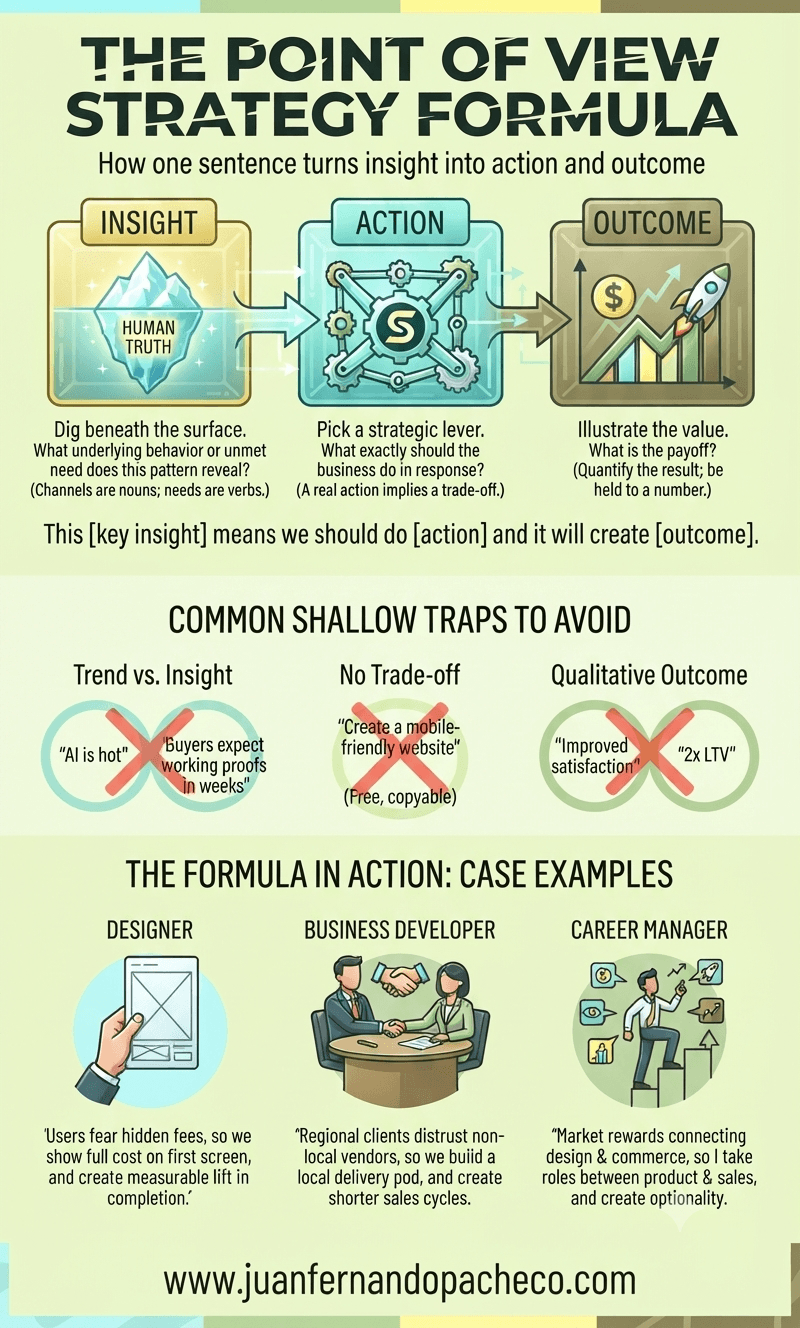 An infographic titled "The Point of View Strategy Formula" on a light green background, illustrating a three-step process of Insight, Action, and Outcome. The Insight section shows an iceberg labeled "HUMAN TRUTH," the Action section shows a gear mechanism, and the Outcome section shows an upward-trending graph with a rocket. Below the steps, the formula reads: "This [key insight] means we should do [action] and it will create [outcome]." It includes sections on "Common Shallow Traps to Avoid" and "Case Examples" for a Designer, Business Developer, and Career Manager. The footer contains the URL "www.juanfernandopacheco.com".
