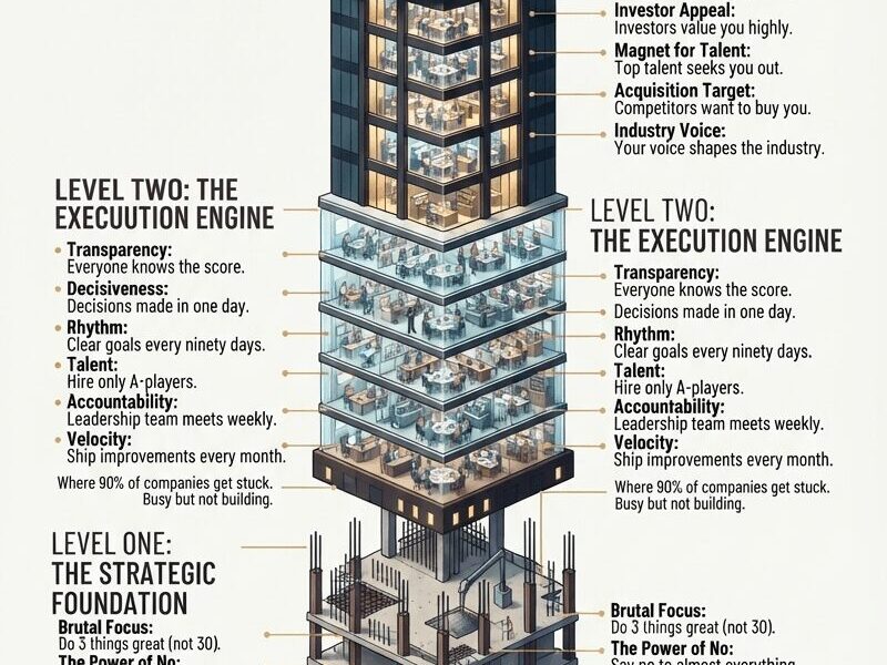 An isometric, three-level infographic visualizing a business strategy as a skyscraper under construction. The foundation shows structural elements, the middle levels depict bustling office floors, and the top features a glass penthouse. Text details key principles for "The Strategic Foundation," "The Execution Engine," and "Market Victory" against a dark, sophisticated palette. A quote at the bottom reads: "Build from the bottom up. There are no shortcuts to the penthouse."