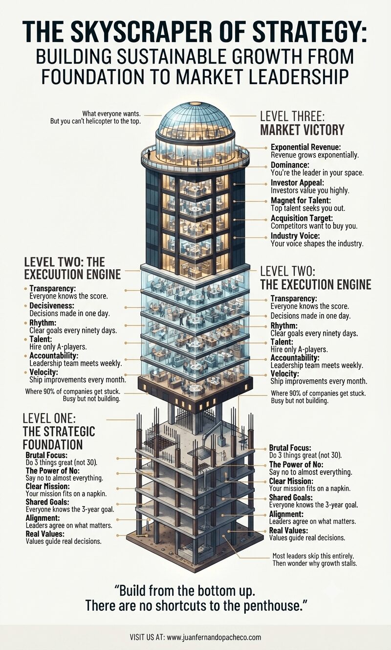 An isometric, three-level infographic visualizing a business strategy as a skyscraper under construction. The foundation shows structural elements, the middle levels depict bustling office floors, and the top features a glass penthouse. Text details key principles for "The Strategic Foundation," "The Execution Engine," and "Market Victory" against a dark, sophisticated palette. A quote at the bottom reads: "Build from the bottom up. There are no shortcuts to the penthouse."