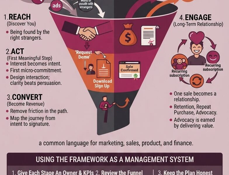 An infographic illustrating a five-stage digital marketing and sales framework, starting with 'PLAN' at the strategic layer, followed by the inverted funnel of the 'RACE FRAMEWORK' (Reach, Act, Convert, Engage), and concluding with a management system and common pitfalls. The color scheme uses deep purples and muted earth tones.