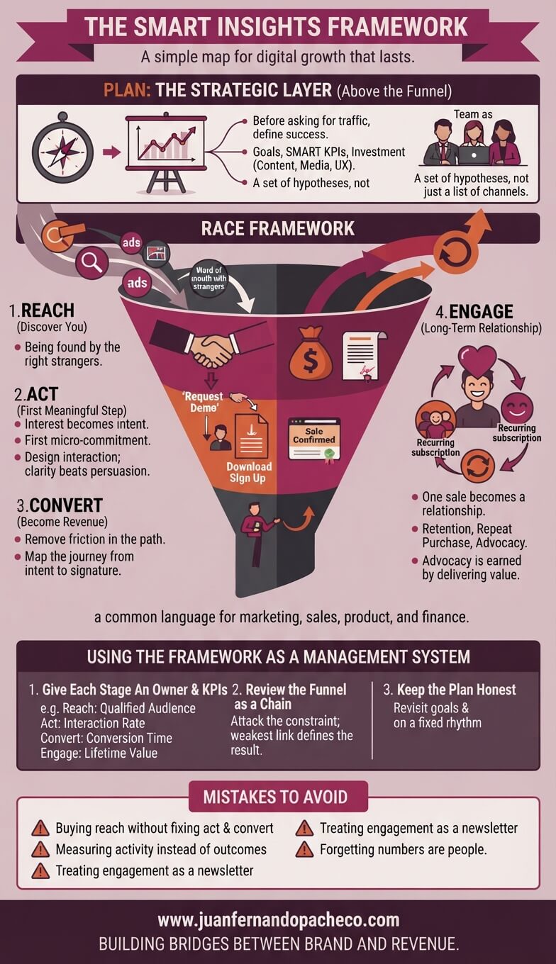 An infographic illustrating a five-stage digital marketing and sales framework, starting with 'PLAN' at the strategic layer, followed by the inverted funnel of the 'RACE FRAMEWORK' (Reach, Act, Convert, Engage), and concluding with a management system and common pitfalls. The color scheme uses deep purples and muted earth tones.