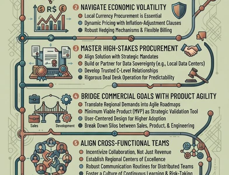 A detailed vertical infographic titled "A Blueprint for Tech Expansion in LATAM" outlining six strategic pillars for navigating regional complexity, economic volatility, high-stakes procurement, product agility, team alignment, and future-proofing, with a light green background and interconnected technical illustration elements, by Juan Fernando Pacheco.