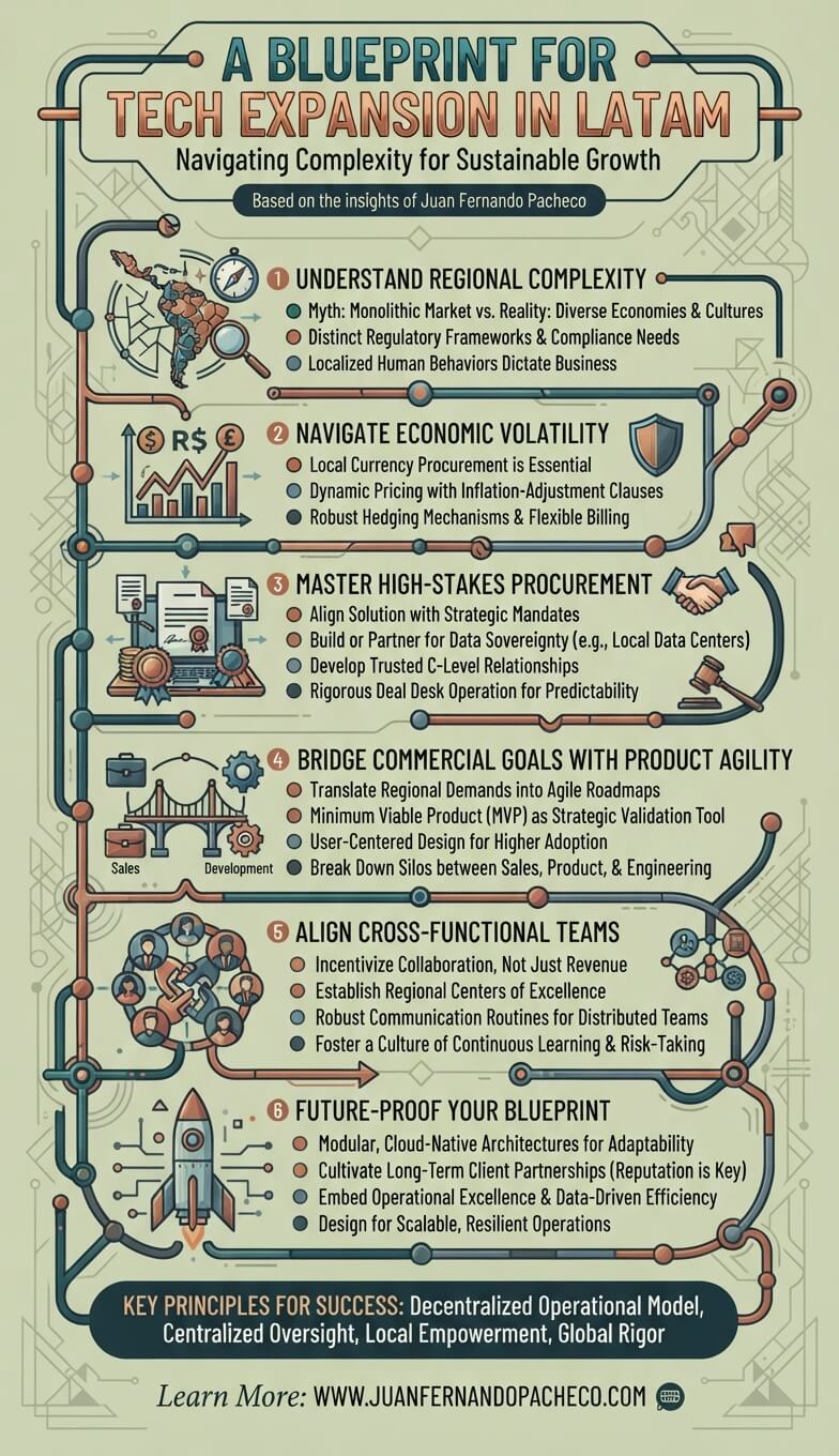 A detailed vertical infographic titled "A Blueprint for Tech Expansion in LATAM" outlining six strategic pillars for navigating regional complexity, economic volatility, high-stakes procurement, product agility, team alignment, and future-proofing, with a light green background and interconnected technical illustration elements, by Juan Fernando Pacheco.