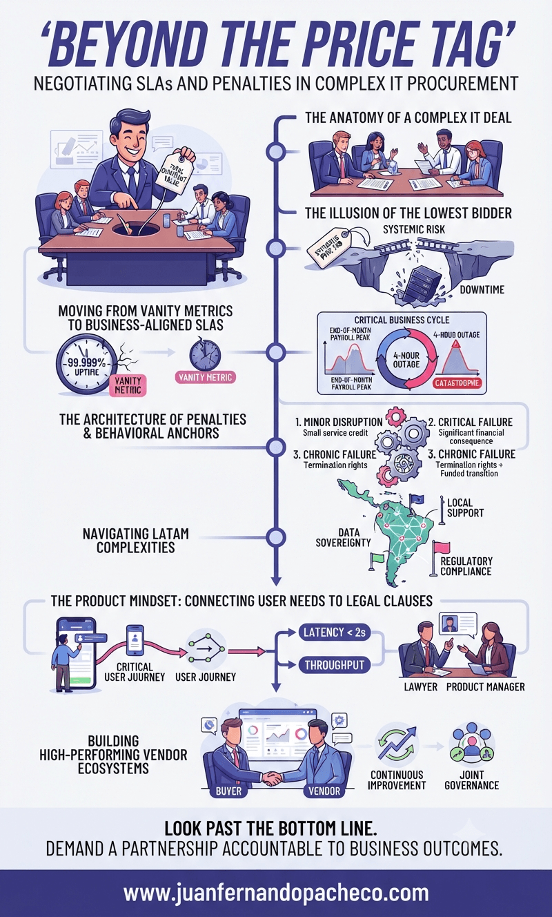 An infographic titled 'Beyond the Price Tag' illustrating the strategic negotiation of IT service level agreements (SLAs) across several sections, moving from the anatomy of a deal to building vendor ecosystems, with text summaries and illustrative examples of risks, metrics, and governance for a global or LATAM context.
