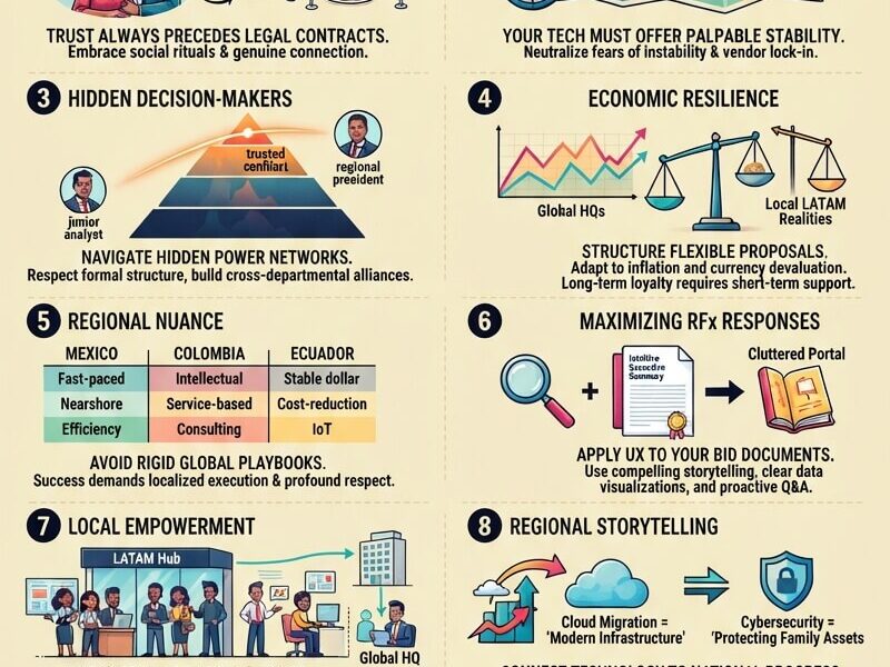A comprehensive infographic titled "Building C-Level Relationships in LATAM" with the subtitle "Beyond Transactional Efficiency: Mastering the Art of Trust." The infographic is structured as a 10-step guide with illustrations, charts, and icons detailing strategies for business success in Latin America, covering cultural foundations, UX design principles, economic resilience, regional nuances, and local empowerment. The footer includes the URL "www.juanfernandopacheco.com".