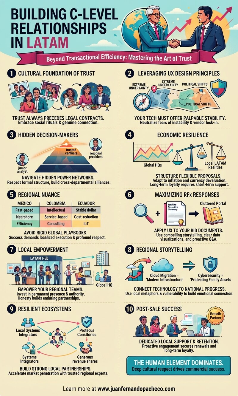 A comprehensive infographic titled "Building C-Level Relationships in LATAM" with the subtitle "Beyond Transactional Efficiency: Mastering the Art of Trust." The infographic is structured as a 10-step guide with illustrations, charts, and icons detailing strategies for business success in Latin America, covering cultural foundations, UX design principles, economic resilience, regional nuances, and local empowerment. The footer includes the URL "www.juanfernandopacheco.com".