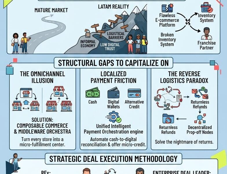 Infographic titled "Capitalize on LATAM Market Gaps," outlining the intersection of product design and commercial strategy. It features five key sections: bridging UX design with enterprise business development, why traditional gap analysis fails in Latin America, structural gaps (omnichannel illusion, localized payment friction, and reverse logistics), strategic RFx execution methodology, and building long-term local partnerships. The design uses a cool blue background (#bfd7ea) accented with deep navy, coral, and lime green tones, concluding with the website www.juanfernandopacheco.com.