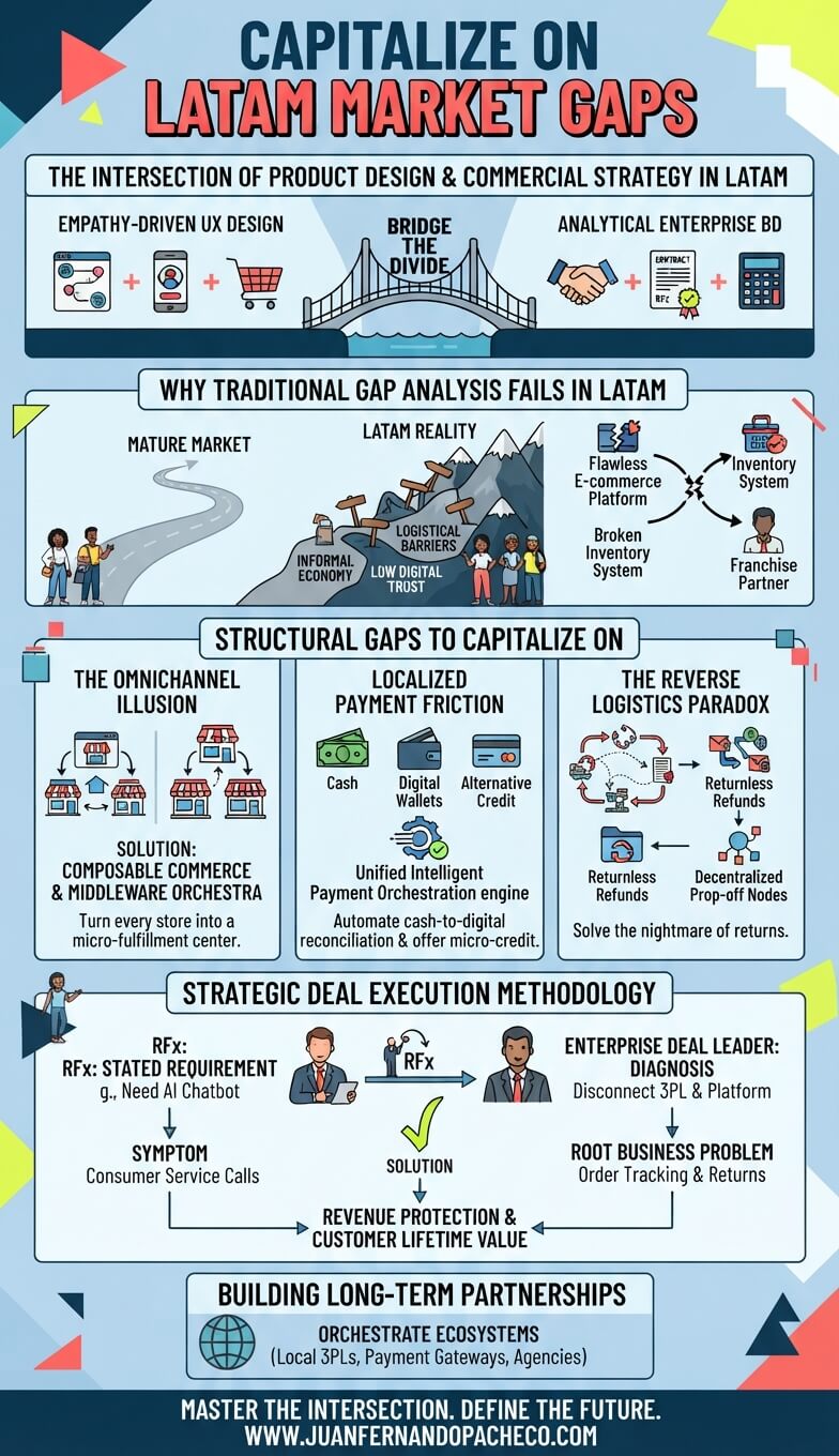 Infographic titled "Capitalize on LATAM Market Gaps," outlining the intersection of product design and commercial strategy. It features five key sections: bridging UX design with enterprise business development, why traditional gap analysis fails in Latin America, structural gaps (omnichannel illusion, localized payment friction, and reverse logistics), strategic RFx execution methodology, and building long-term local partnerships. The design uses a cool blue background (#bfd7ea) accented with deep navy, coral, and lime green tones, concluding with the website www.juanfernandopacheco.com.
