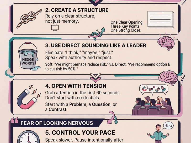 A vertical infographic titled "Conquer the Fear of Public Speaking" illustrating six numbered steps with icons and text: 1. Serve the Room (magnifying glass), 2. Create a Structure (rope and index card), 3. Use Direct Language (bucket of hedge words), 4. Open with Tension (magnet and audience), 5. Control Your Pace (clock), and 6. Land the Point First (funnel).