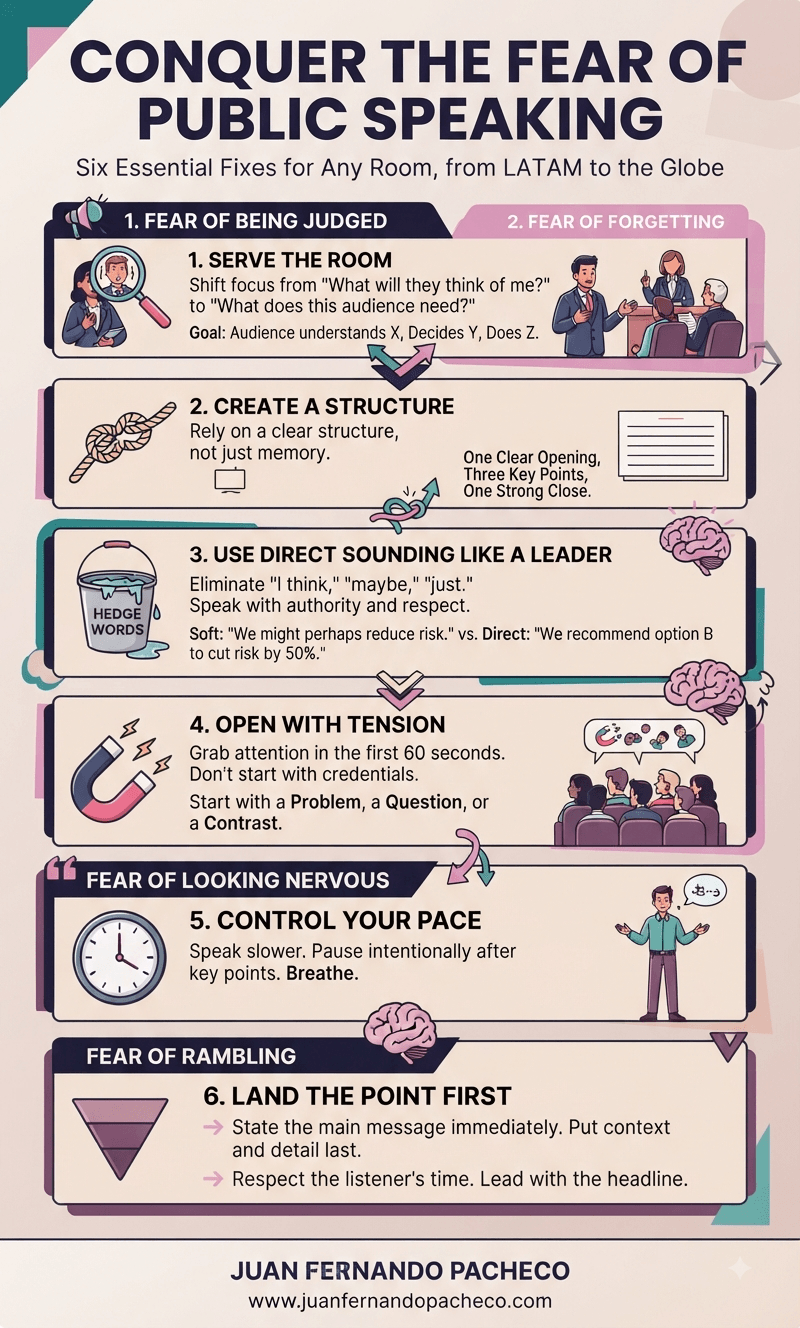 A vertical infographic titled "Conquer the Fear of Public Speaking" illustrating six numbered steps with icons and text: 1. Serve the Room (magnifying glass), 2. Create a Structure (rope and index card), 3. Use Direct Language (bucket of hedge words), 4. Open with Tension (magnet and audience), 5. Control Your Pace (clock), and 6. Land the Point First (funnel).