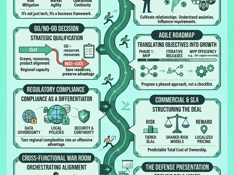 A vertical infographic titled "Decoding the Enterprise RFP" with a teal and green color scheme, illustrating a strategic, multi-stage path to winning high-stakes tech deals. The path includes steps like Pre-Bid Intelligence, Go/No-Go Decision, Agile Product Roadmap, Regulatory Compliance, Commercial & SLA Negotiation, and the Defense Presentation. Small figures navigate the pathway toward "Extreme Alignment" and the final goal at www.juanfernandopacheco.com.