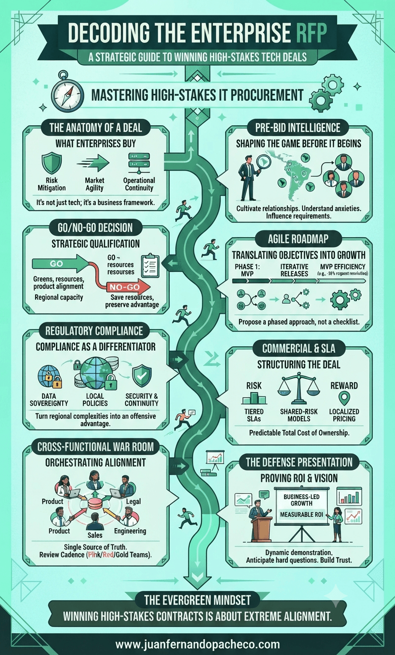 A vertical infographic titled "Decoding the Enterprise RFP" with a teal and green color scheme, illustrating a strategic, multi-stage path to winning high-stakes tech deals. The path includes steps like Pre-Bid Intelligence, Go/No-Go Decision, Agile Product Roadmap, Regulatory Compliance, Commercial & SLA Negotiation, and the Defense Presentation. Small figures navigate the pathway toward "Extreme Alignment" and the final goal at www.juanfernandopacheco.com.