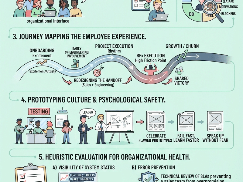 An infographic titled "Empathy in Leadership: The Evolution of UX into EX" set against a soft mint background. It features five core sections illustrating how user experience principles apply to team management: Treating your team as your primary user. Replacing traditional status updates with deep empathy mapping. Journey mapping the employee experience from onboarding to project execution. Prototyping culture and fostering psychological safety. Applying heuristic evaluations for organizational health (visibility, error prevention, and minimalist design). The graphic concludes with metrics showing empathy as a strategic commercial weapon and a reference footer pointing to www.juanfernandopacheco.com.
