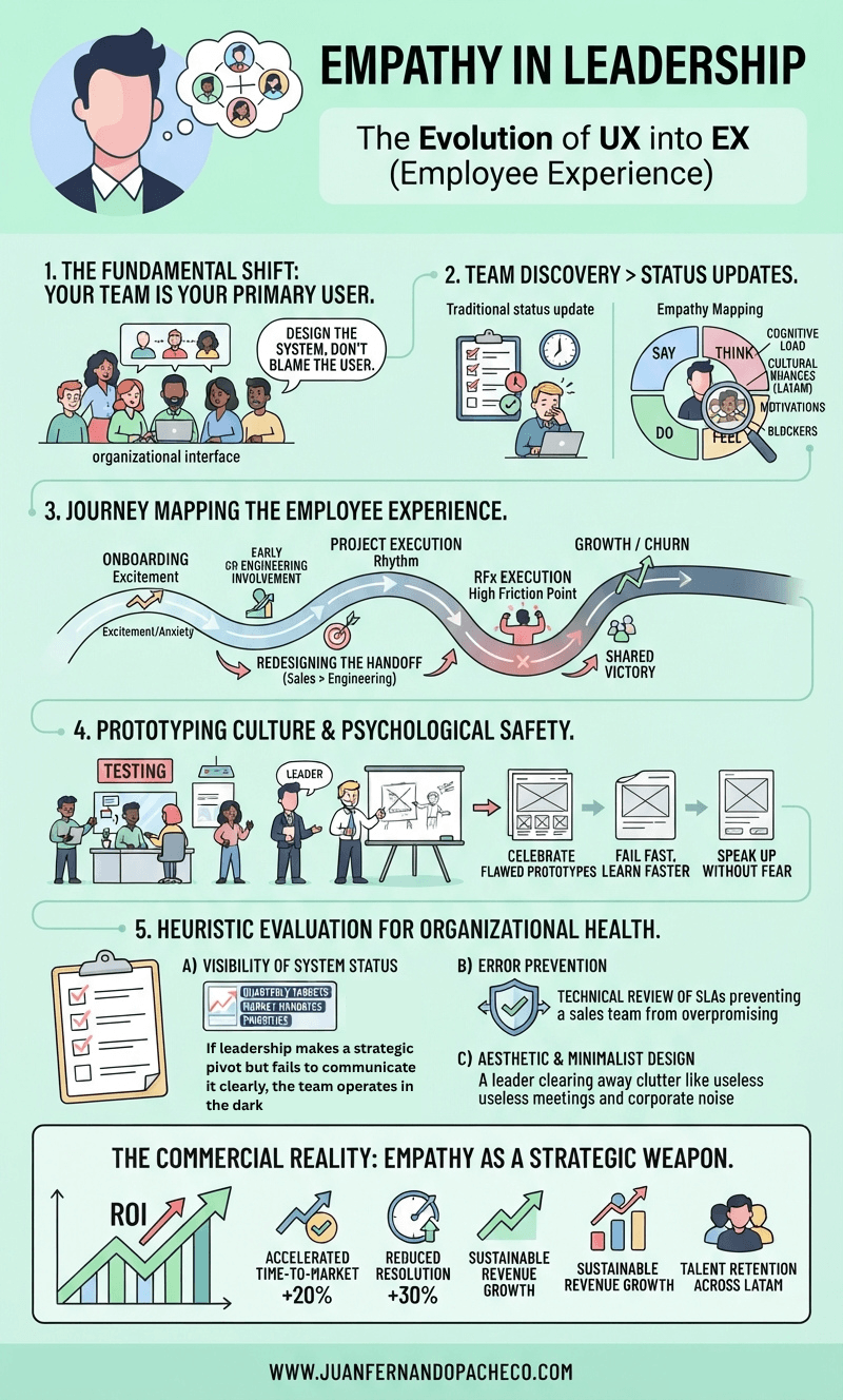 An infographic titled "Empathy in Leadership: The Evolution of UX into EX" set against a soft mint background. It features five core sections illustrating how user experience principles apply to team management: Treating your team as your primary user. Replacing traditional status updates with deep empathy mapping. Journey mapping the employee experience from onboarding to project execution. Prototyping culture and fostering psychological safety. Applying heuristic evaluations for organizational health (visibility, error prevention, and minimalist design). The graphic concludes with metrics showing empathy as a strategic commercial weapon and a reference footer pointing to www.juanfernandopacheco.com.