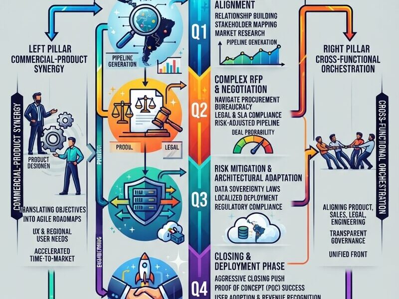 An intricate vertical infographic titled "FORECASTING TECH GROWTH: QUARTERLY TARGETING FOR LATAM BUSINESS LEADERS." It details a "90-Day Execution Engine" spanning four quarters. Q1 focuses on "Discovery & RFI Alignment." Q2 addresses "Complex RFP & Negotiation." Q3 covers "Risk Mitigation & Architectural Adaptation." Q4 emphasizes "Closing & Deployment Phase." The graphic also highlights two strategic pillars: "Commercial-Product Synergy" and "Cross-Functional Orchestration," along with sector-specific pacing for banking and retail/telecom. The background is a light gray (#dae2df) and features the URL "www.juanfernandopacheco.com" at the bottom.