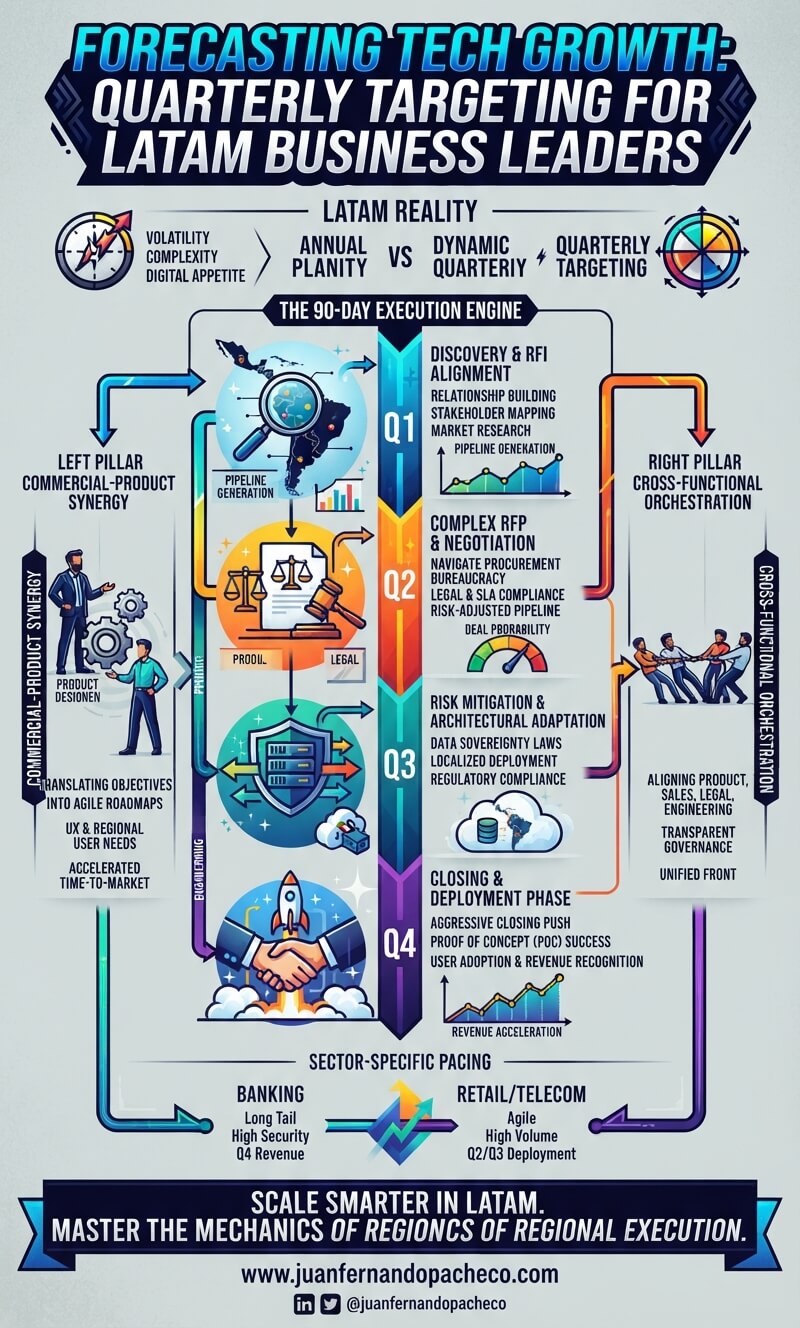 An intricate vertical infographic titled "FORECASTING TECH GROWTH: QUARTERLY TARGETING FOR LATAM BUSINESS LEADERS." It details a "90-Day Execution Engine" spanning four quarters. Q1 focuses on "Discovery & RFI Alignment." Q2 addresses "Complex RFP & Negotiation." Q3 covers "Risk Mitigation & Architectural Adaptation." Q4 emphasizes "Closing & Deployment Phase." The graphic also highlights two strategic pillars: "Commercial-Product Synergy" and "Cross-Functional Orchestration," along with sector-specific pacing for banking and retail/telecom. The background is a light gray (#dae2df) and features the URL "www.juanfernandopacheco.com" at the bottom.