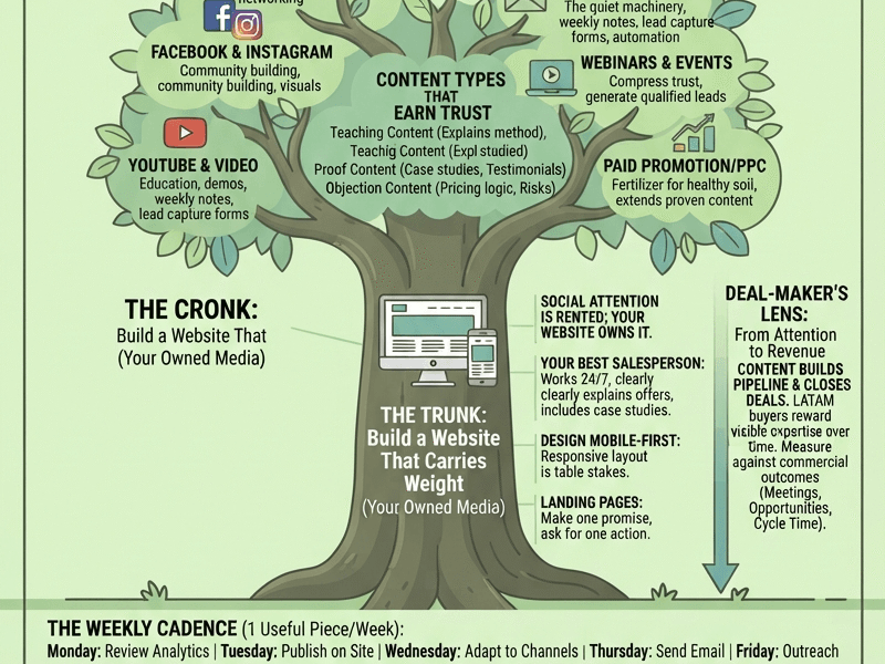 Infographic titled "How to Grow Your Business with Content Marketing" featuring an evergreen tree metaphor with roots representing technical foundation, a trunk representing the website, and a crown representing distribution channels, referencing www.juanfernandopacheco.com.