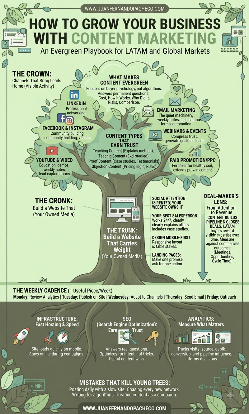 Infographic titled "How to Grow Your Business with Content Marketing" featuring an evergreen tree metaphor with roots representing technical foundation, a trunk representing the website, and a crown representing distribution channels, referencing www.juanfernandopacheco.com.