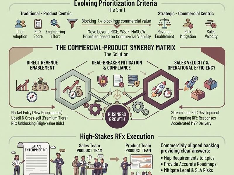 An infographic titled 'Backlog Prioritization for Business Leaders: Aligning Tech with Revenue Goals' that illustrates how to move beyond 'feature factory' engineering toward commercially driven product management. It details the 'Feature Factory Paradox,' contrasts traditional product-centric metrics with strategic commercial ones, presents a 'Commercial-Product Synergy Matrix' focused on revenue, compliance, and sales velocity, explains the role of the backlog in high-stakes RFx execution, and provides a 'Step-by-Step Guide for Leaders' to inject commercial context, establish KPIs, shift grooming, and manage trade-offs. The graphic features a clean, professional design with a muted green, brown, and purple color palette and includes the URL www.juanfernandopacheco.com.