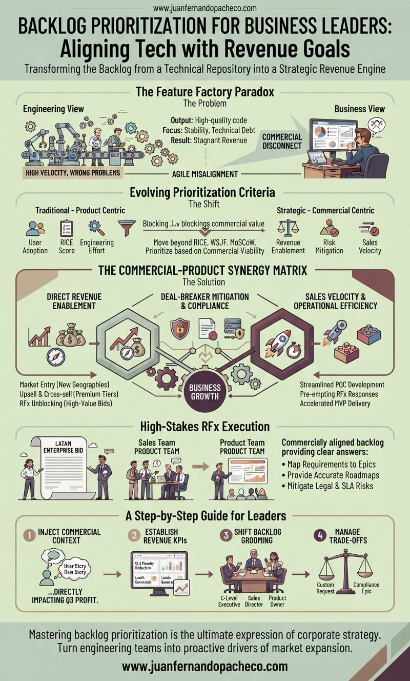 An infographic titled 'Backlog Prioritization for Business Leaders: Aligning Tech with Revenue Goals' that illustrates how to move beyond 'feature factory' engineering toward commercially driven product management. It details the 'Feature Factory Paradox,' contrasts traditional product-centric metrics with strategic commercial ones, presents a 'Commercial-Product Synergy Matrix' focused on revenue, compliance, and sales velocity, explains the role of the backlog in high-stakes RFx execution, and provides a 'Step-by-Step Guide for Leaders' to inject commercial context, establish KPIs, shift grooming, and manage trade-offs. The graphic features a clean, professional design with a muted green, brown, and purple color palette and includes the URL www.juanfernandopacheco.com.
