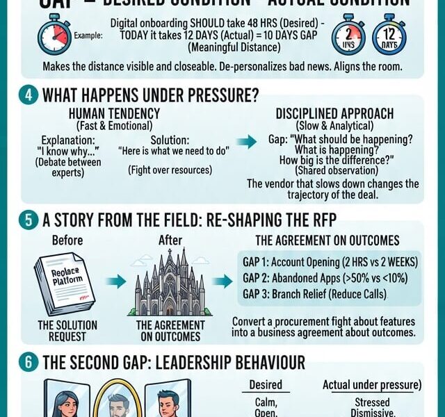 A detailed vertical infographic titled "No problem" is a problem: The discipline of problem definition under pressure. It illustrates the transition from identifying symptoms and solutions to defining measurable gaps. The eight-section visual guide covers: The "No Problem" Syndrome, The Three Impostors (Symptom, Cause, Countermeasure), The Gap Test Formula, What Happens Under Pressure (Human Tendency vs. Disciplined Approach), A Story from the Field: Re-shaping the RFP, The Second Gap: Leadership Behaviour, Five Habits to Keep the Gap Visible, and Closing Thoughts. The infographic uses professional icons and illustrations and includes a footer referencing juanfernandopacheco.com.