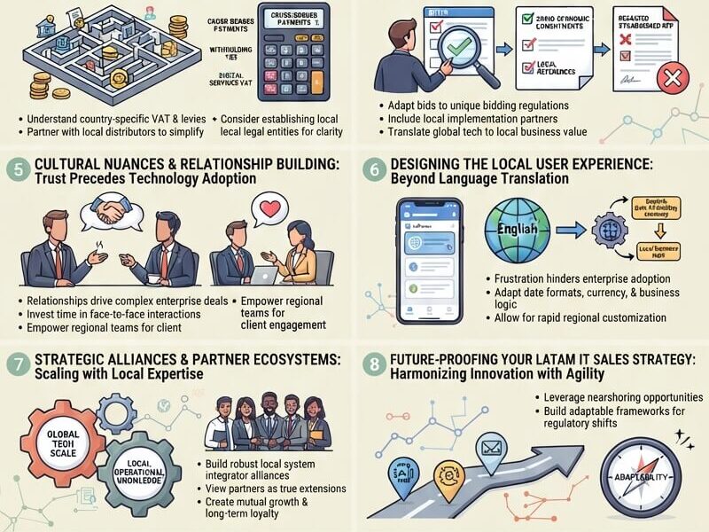 An infographic titled "LATAM IT Policies vs. Global Tech: Bridging the Gap for Enterprise Success" featuring nine key strategic pillars—ranging from overcoming the monolith illusion and data sovereignty to local UX design, partnerships, and post-sale retention. The visual utilizes a cream background with terracotta, slate blue, sage green, and soft gold accents, ending with a conclusion highlighting insights from www.juanfernandopacheco.com.