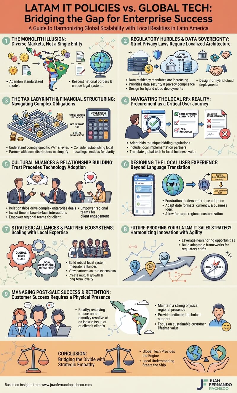An infographic titled "LATAM IT Policies vs. Global Tech: Bridging the Gap for Enterprise Success" featuring nine key strategic pillars—ranging from overcoming the monolith illusion and data sovereignty to local UX design, partnerships, and post-sale retention. The visual utilizes a cream background with terracotta, slate blue, sage green, and soft gold accents, ending with a conclusion highlighting insights from www.juanfernandopacheco.com.