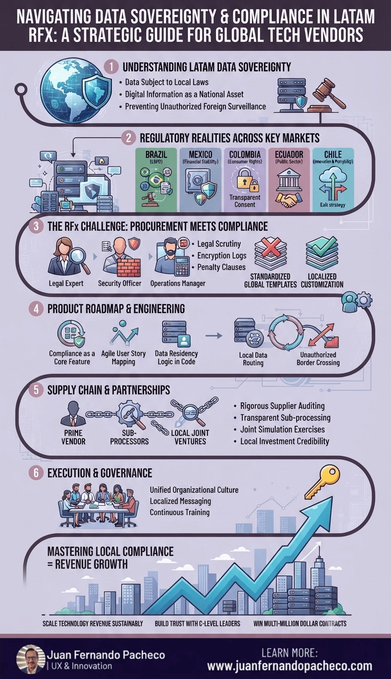 An infographic titled "NAVIGATING DATA SOVEREIGNTY & COMPLIANCE IN LATAM RFx" illustrating a six-step strategic guide for global technology vendors. The image uses a winding roadmap flow with icons, illustrations, and text blocks covering topics from understanding regional data laws and specific market realities (Brazil, Mexico, Colombia, Ecuador, Chile) to RFx challenges, product engineering, supply chain management, and local partnerships, culminating in "Mastering Local Compliance = Revenue Growth." The footer displays the brand "JUANFERNANDOPACHECO.COM".