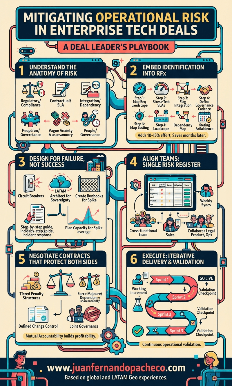 A comprehensive infographic titled "Mitigating Operational Risk in Enterprise Tech Deals: A Deal Leader's Playbook." The image uses a tech-themed illustration style with cyan and red accents on a cream background (#f9edcc), outlining six strategic pillars: Understand the Anatomy of Risk, Embed Identification into RFx, Design for Failure not Success, Align Teams: Single Risk Register, Negotiate Contracts that Protect Both Sides, and Execute: Iterative Delivery & Validation. It includes the URL www.juanfernandopacheco.com at the bottom.