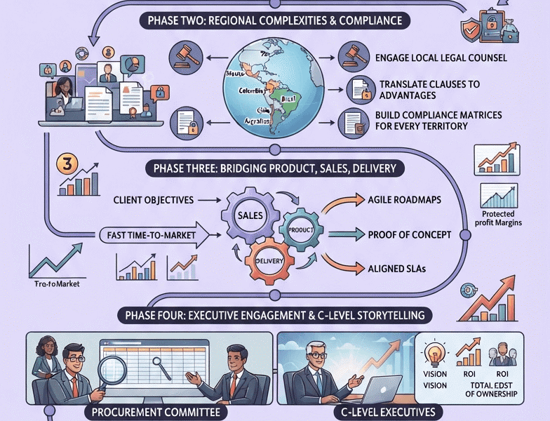 An infographic titled "RFx MASTERY" detailing a five-phase framework for managing stakeholder alignment in multinational bids, from mapping internal teams and regional compliance to executive engagement and post-bid processes.