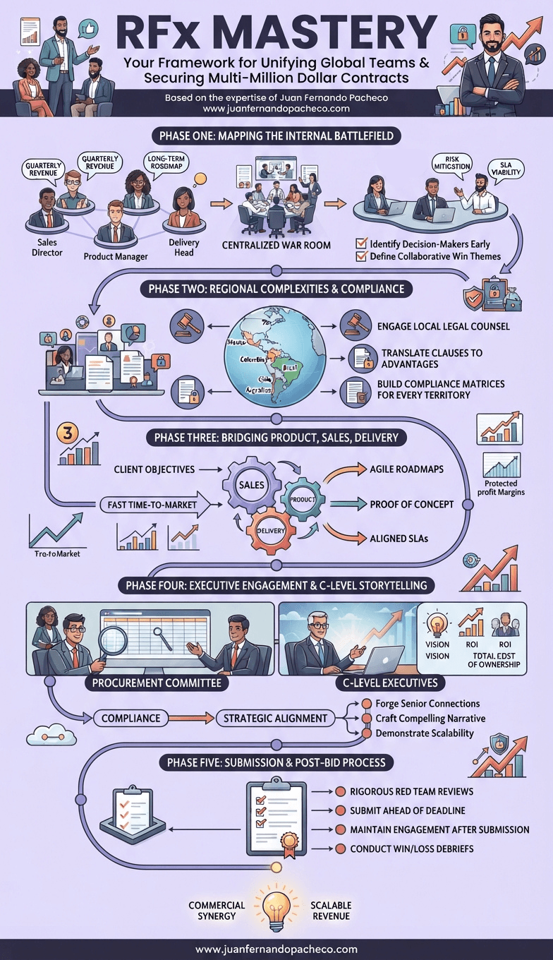 An infographic titled "RFx MASTERY" detailing a five-phase framework for managing stakeholder alignment in multinational bids, from mapping internal teams and regional compliance to executive engagement and post-bid processes.