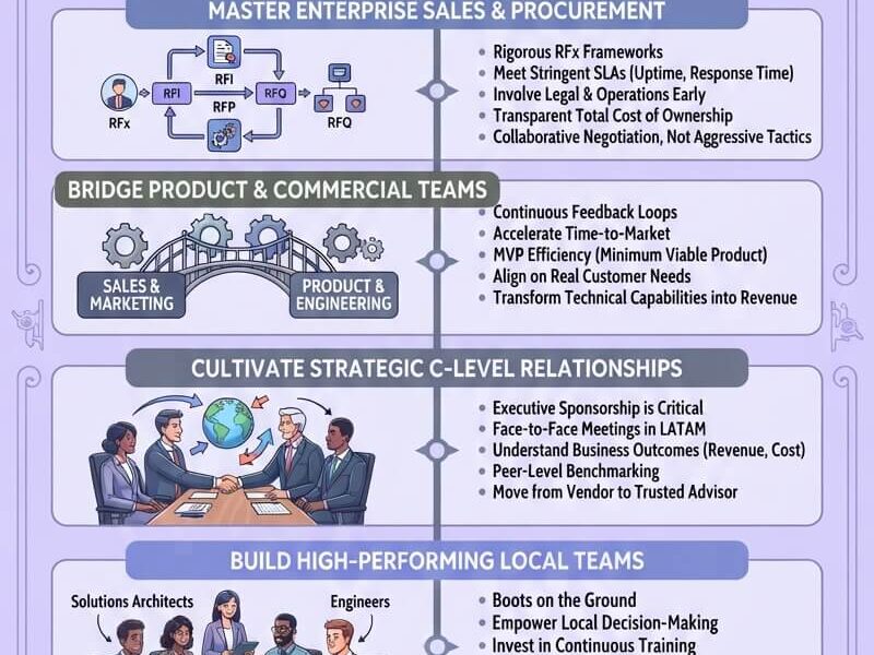 An infographic titled "Scaling Tech Revenue Across LATAM" outlining a six-step blueprint for cross-border business success. The design uses a professional purple color palette and includes illustrated sections for navigating regional nuances, mastering enterprise sales, bridging product and commercial teams, cultivating C-level relationships, building local teams, and focusing on innovation and compliance, complete with the URL juanfernandopacheco.com.