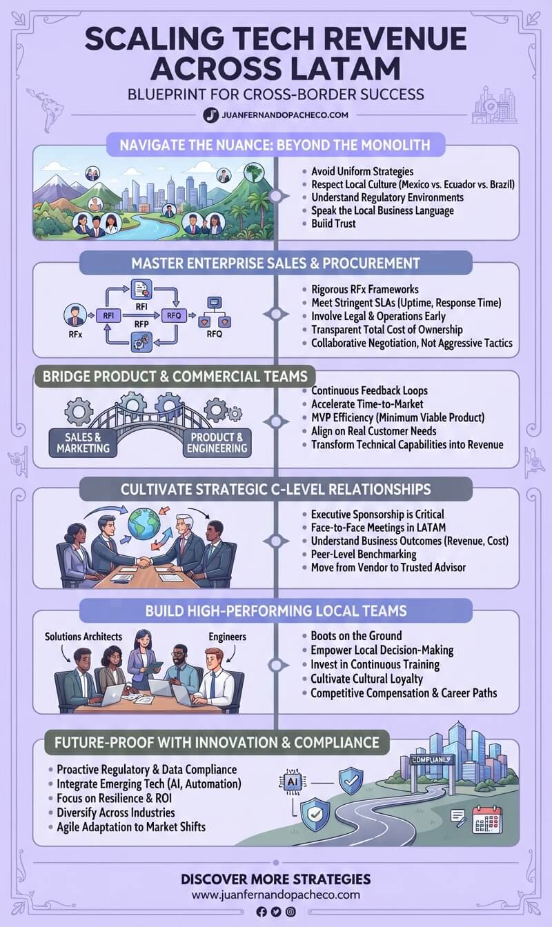 An infographic titled "Scaling Tech Revenue Across LATAM" outlining a six-step blueprint for cross-border business success. The design uses a professional purple color palette and includes illustrated sections for navigating regional nuances, mastering enterprise sales, bridging product and commercial teams, cultivating C-level relationships, building local teams, and focusing on innovation and compliance, complete with the URL juanfernandopacheco.com.