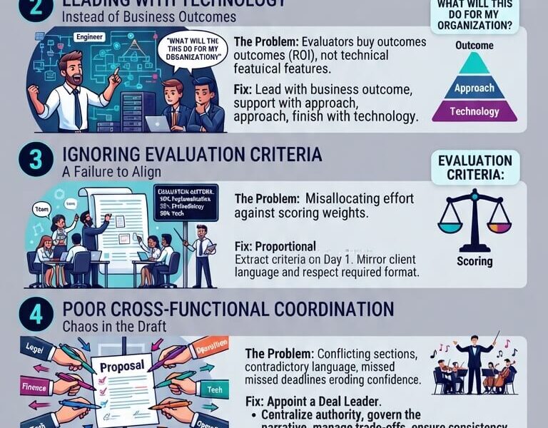 An infographic titled "Stop Losing Bids: 5 Common Pitfalls in Complex Enterprise Tech Proposals" with a subtitle about shifting from administrative tasks to strategic commercial exercises. It details five numbered sections: 1. Treating the RFx as a Questionnaire, 2. Leading with Technology, 3. Ignoring Evaluation Criteria, 4. Poor Cross-Functional Coordination, and 5. Weak Executive Summary & No Differentiation. Each section includes a illustrative icon, problem description, and fix, concluding with a summary text "Bringing it all Together" and a website URL at the bottom.