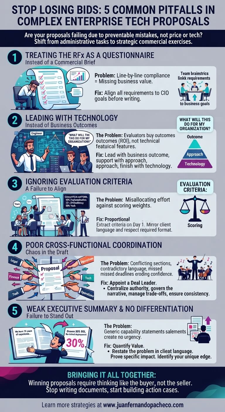 An infographic titled "Stop Losing Bids: 5 Common Pitfalls in Complex Enterprise Tech Proposals" with a subtitle about shifting from administrative tasks to strategic commercial exercises. It details five numbered sections: 1. Treating the RFx as a Questionnaire, 2. Leading with Technology, 3. Ignoring Evaluation Criteria, 4. Poor Cross-Functional Coordination, and 5. Weak Executive Summary & No Differentiation. Each section includes a illustrative icon, problem description, and fix, concluding with a summary text "Bringing it all Together" and a website URL at the bottom.