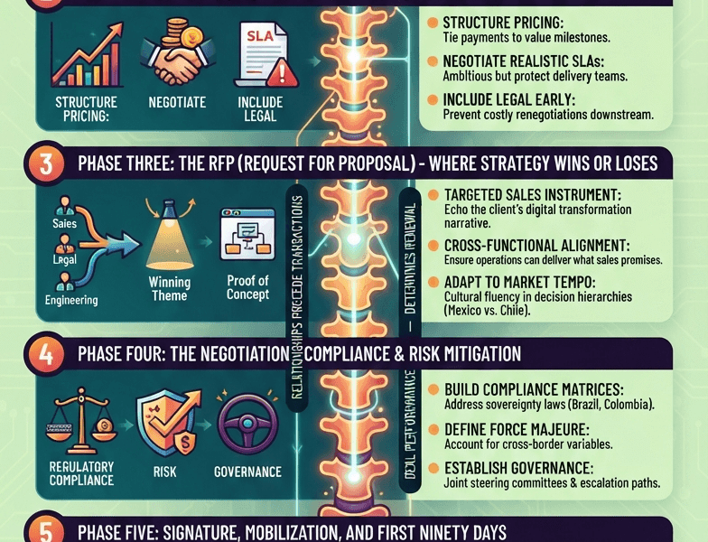 An infographic visualizing the five-phase anatomy of a large IT contract, shaped like a spine. It shows the progression from the RFI diagnostic scan to RFQ narratives, RFP strategy, negotiation, and final mobilization, highlighting cross-functional teams and compliance across Latin America.