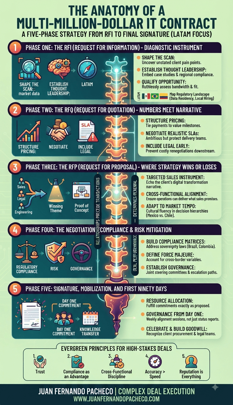 An infographic visualizing the five-phase anatomy of a large IT contract, shaped like a spine. It shows the progression from the RFI diagnostic scan to RFQ narratives, RFP strategy, negotiation, and final mobilization, highlighting cross-functional teams and compliance across Latin America.