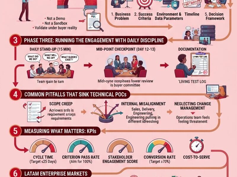 An infographic titled 'THE ART OF THE TECHNICAL POC' outlining a strategic framework for enterprise technology deals in seven numbered steps. The steps include 1) Strategic Respect (Tactical vs Commercial), 2) Scoping with Surgical Clarity (Written Charter), 3) Running the Engagement (Daily Discipline), 4) Common Pitfalls, 5) Measuring KPIs, 6) LATAM Enterprise Markets, and 7) From POC to Signed Contract. The graphic features a light pink background, red headers, and illustrations of business professionals, charts, and checklists.