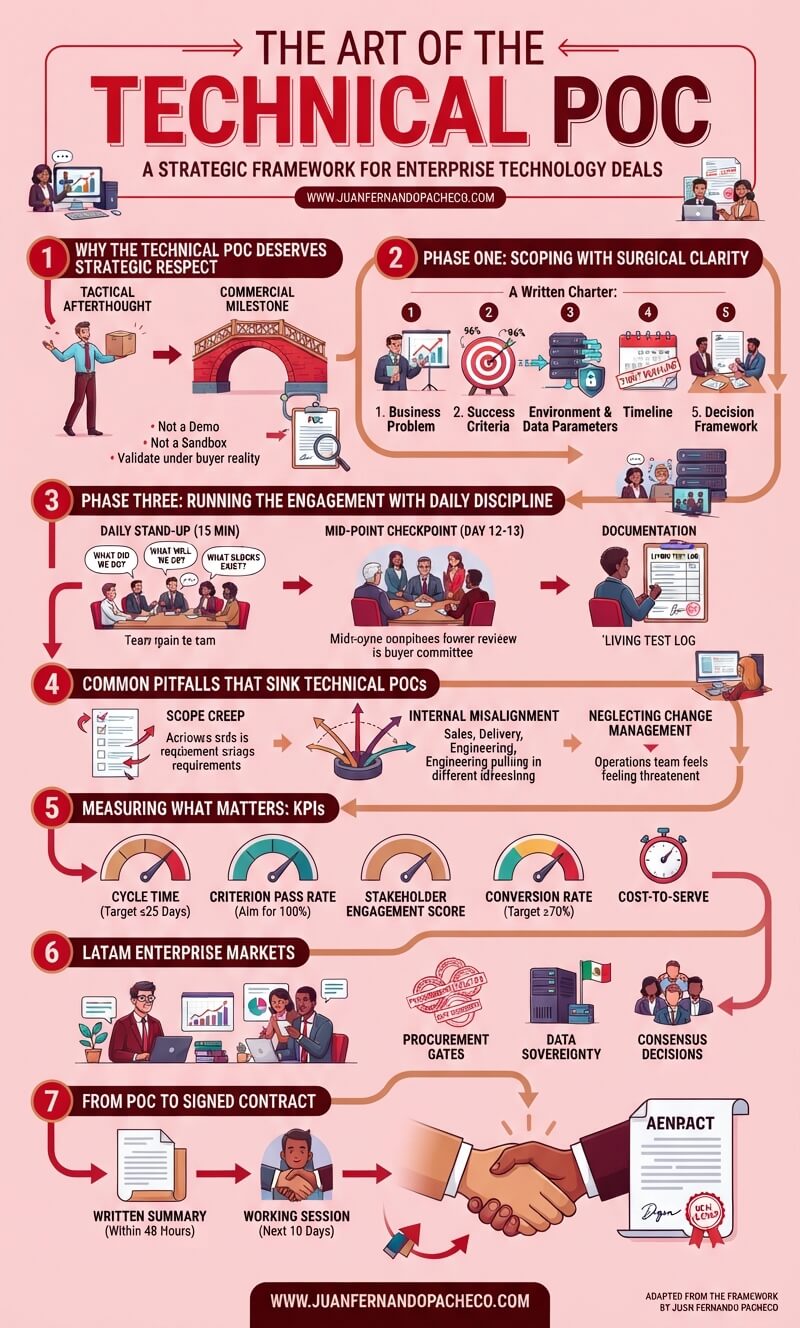 An infographic titled 'THE ART OF THE TECHNICAL POC' outlining a strategic framework for enterprise technology deals in seven numbered steps. The steps include 1) Strategic Respect (Tactical vs Commercial), 2) Scoping with Surgical Clarity (Written Charter), 3) Running the Engagement (Daily Discipline), 4) Common Pitfalls, 5) Measuring KPIs, 6) LATAM Enterprise Markets, and 7) From POC to Signed Contract. The graphic features a light pink background, red headers, and illustrations of business professionals, charts, and checklists.