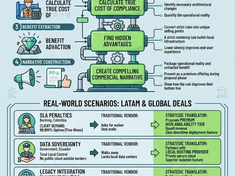 An informative vertical infographic with a light blue background, dark teal headers, and lime green accents outlining a four-step deal translation framework, real-world LATAM and global scenarios, cross-functional synergy, and branding from www.juanfernandopacheco.com.