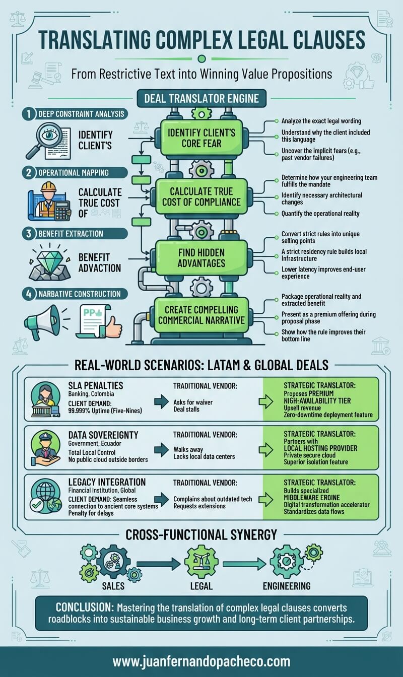 An informative vertical infographic with a light blue background, dark teal headers, and lime green accents outlining a four-step deal translation framework, real-world LATAM and global scenarios, cross-functional synergy, and branding from www.juanfernandopacheco.com.