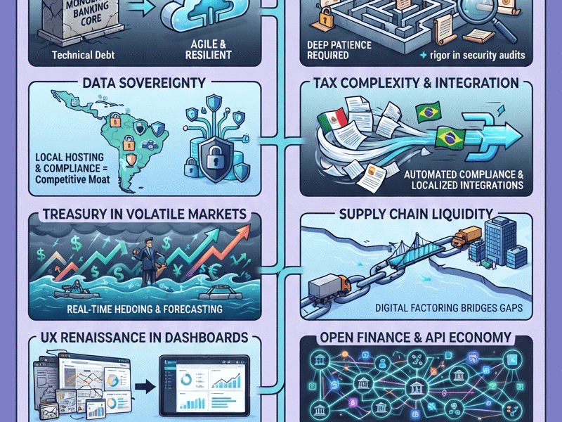 An infographic illustrating why Latin America is the next frontier for enterprise fintech, featuring the evolution from consumer apps to B2B corporate infrastructure, data sovereignty, tax compliance, and treasury management.