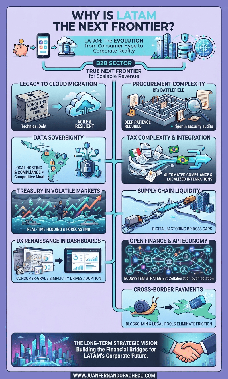 An infographic illustrating why Latin America is the next frontier for enterprise fintech, featuring the evolution from consumer apps to B2B corporate infrastructure, data sovereignty, tax compliance, and treasury management.