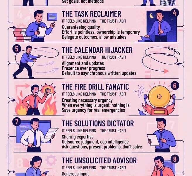 An infographic titled "10 TYPES OF MICROMANAGERS: WHO THINK THEY'RE HELPING, & THE TRUST HABITS THAT SCALE TEAMS" is presented against a light pink background. The graphic is organized into ten numbered sections, each illustrating a micromanager archetype with a character drawing, their perceived "helping" behavior, the actual lesson taught to the team, and the recommended "trust habit" replacement. The bottom of the graphic features a "30-DAY TRUST REBUILD PLAN." The overall style is modern, illustrative, and uses a color palette of blues, purples, pinks, and yellows. Text references "www.juanfernandopacheco.com."