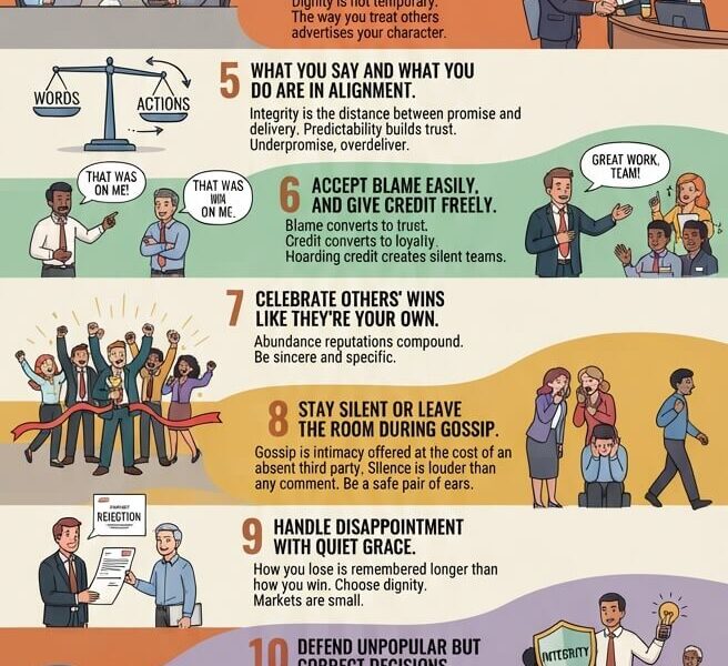 An illustrated vertical infographic titled '12 Habits That Make People Respect You More' followed by 12 numbered sections. Each section features a habit, a descriptive paragraph, and a small cartoon illustration depicting the behavior in a professional setting. The overall message emphasizes building trust and influence through quiet, consistent micro-behaviors. The image includes the website URL www.juanfernandopacheco.com at the bottom.