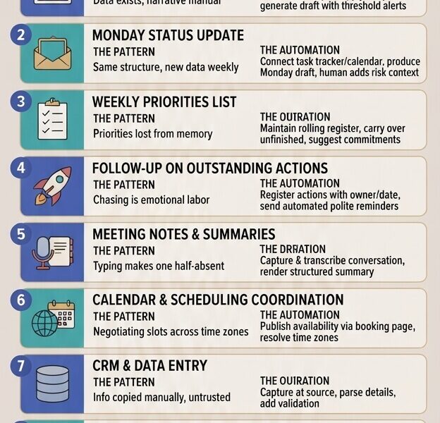 Infographic titled "8 weekly tasks you can automate today," set against a light beige background with a color palette of blues, teals, golds, and reds. The infographic illustrates how to recover hours lost to repetitive tasks in a professional setting. It features a breakdown of "The Anatomy of a Repetitive Task" (Trigger, Input, Transformation, Output, Exception Rule) and lists eight specific weekly tasks with details on the pattern and automation: Performance Report: Schedule data pull, apply template. Monday Status Update: Connect task tracker/calendar, produce draft. Weekly Priorities List: Maintain rolling register, suggest commitments. Follow-up on Outstanding Actions: Register actions with owner/date, send reminders. Meeting Notes & Summaries: Capture & transcribe, render structured summary. Calendar & Scheduling Coordination: Publish availability, resolve time zones. CRM & Data Entry: Capture at source, add validation. Answers to Recurring Questions: Maintain living knowledge base. It also includes a "Five-Step Method to Start Today" (Audit, Rank, Write, Build, Review) and a section on "What to Never Automate: Keeping the Human Element" (Judgment, Strategy, Uncomfortable Conversations, Apology, Negotiation, Silence). The infographic removes all "overnightstrategist" references and includes the reference "WWW.JUANFERNANDOPACHECO.COM."